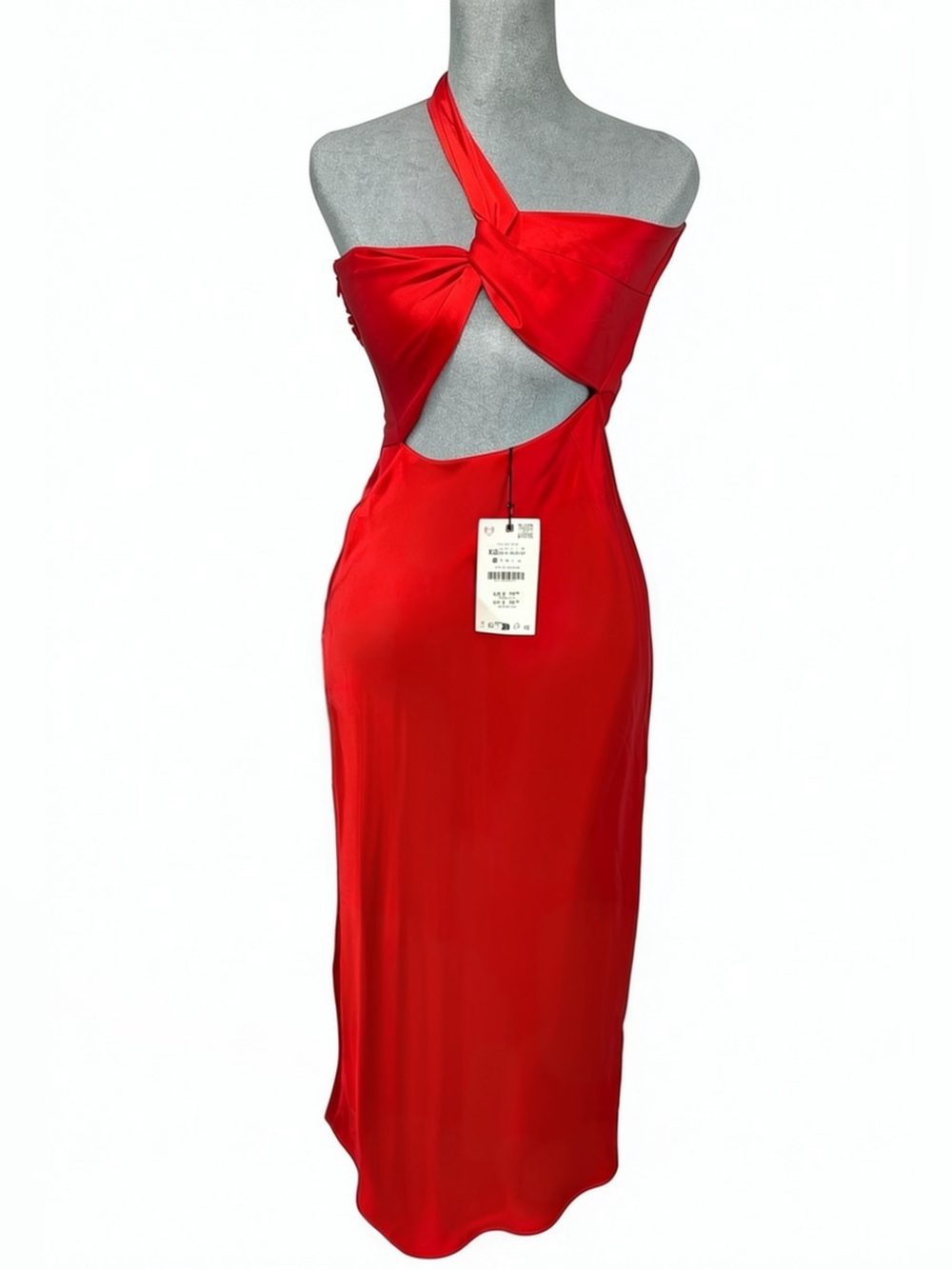 Zara Asymmetric Satin Effect Red Knot Cutout Midi Dress NWT Size XS